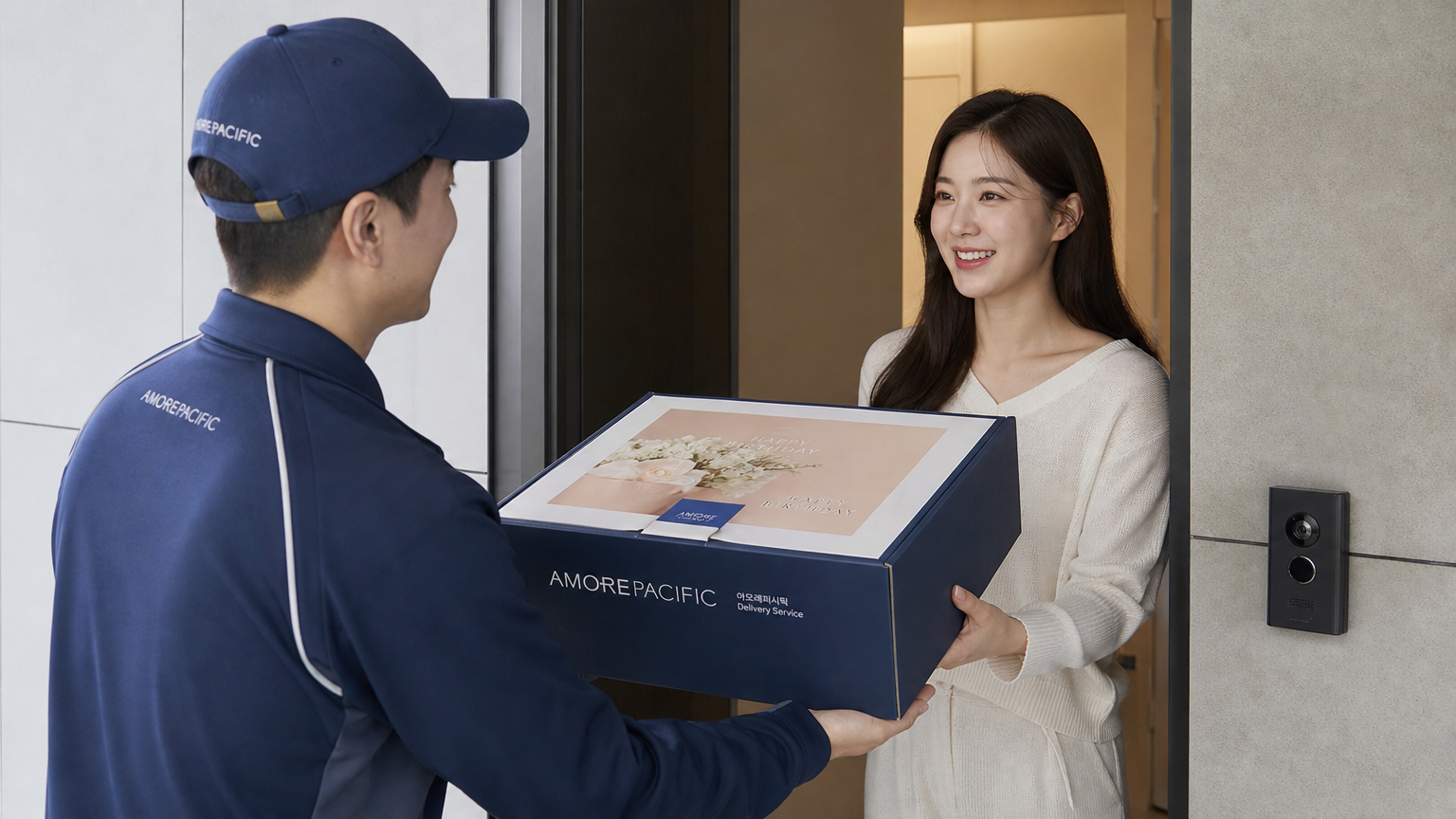 아모레퍼시픽 배송 서비스로 생일 선물 세트와 무료 배송 패키지를 받는 여성