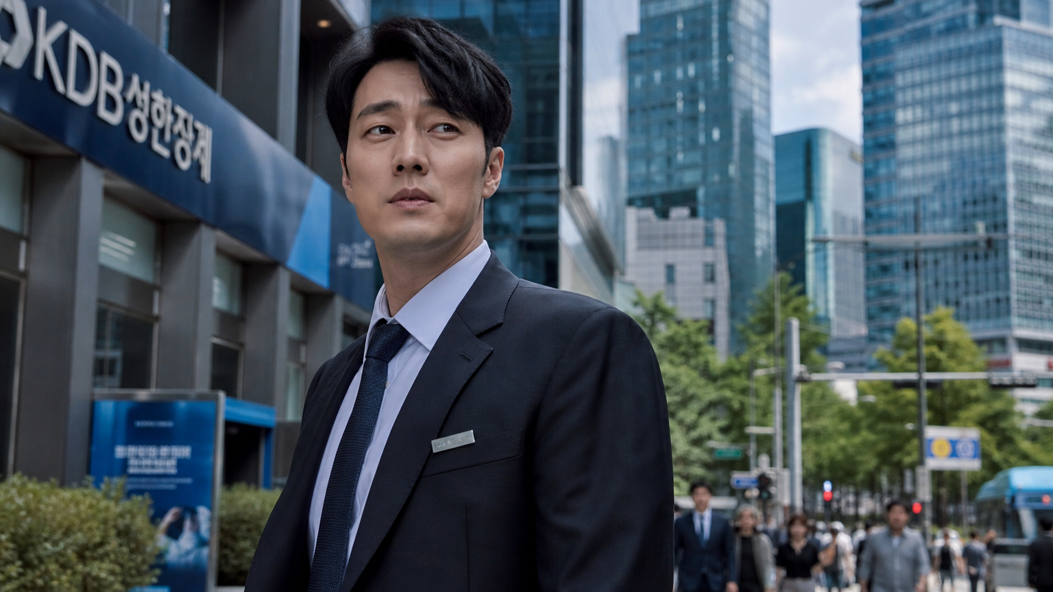 배우 소지섭이 서울 거리에서 양복을 입고 서 있는 모습