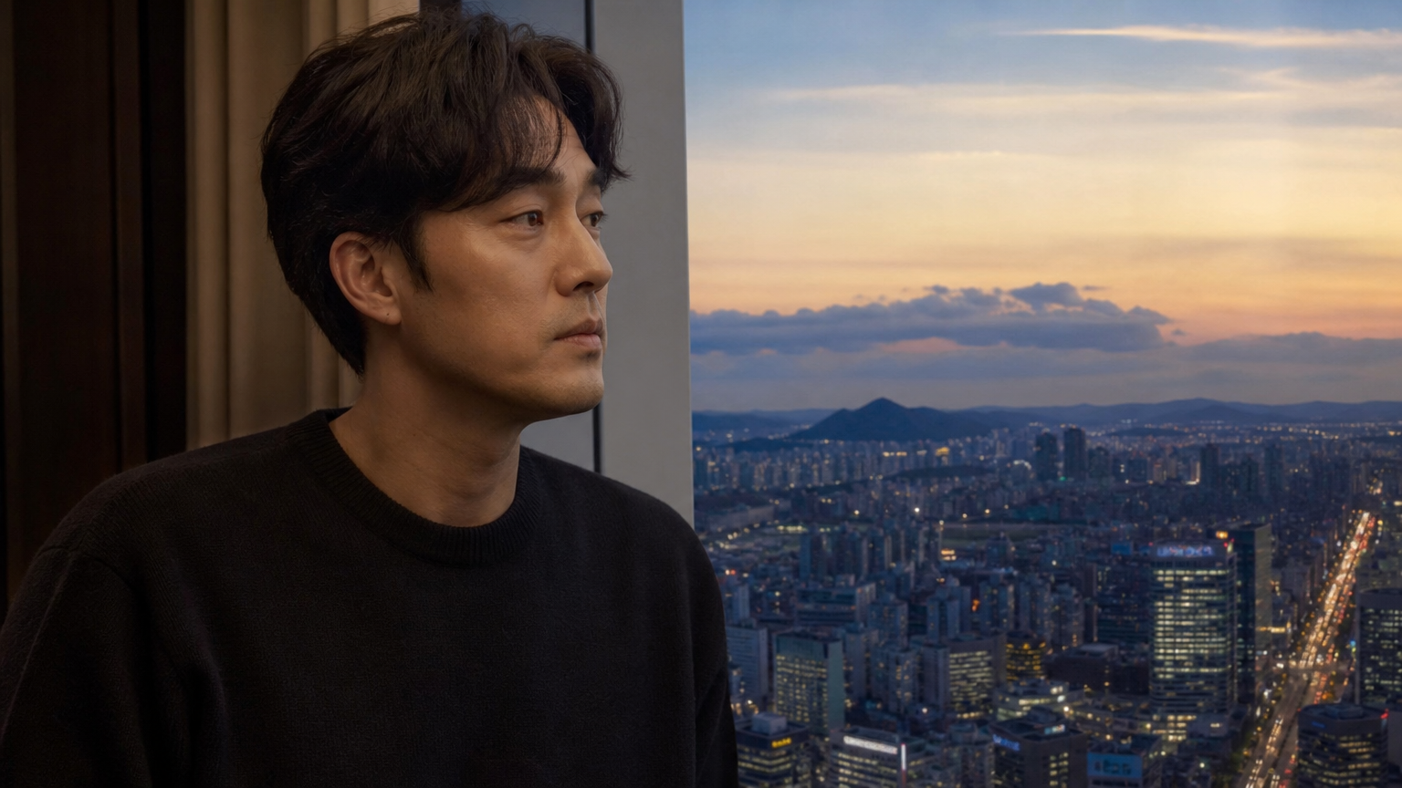 해질녘 서울 스카이라인을 바라보며 미래를 생각하는 배우 소지섭