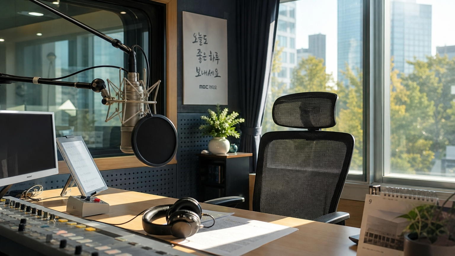햇빛이 비추는 현대적인 한국 라디오 스튜디오 내부