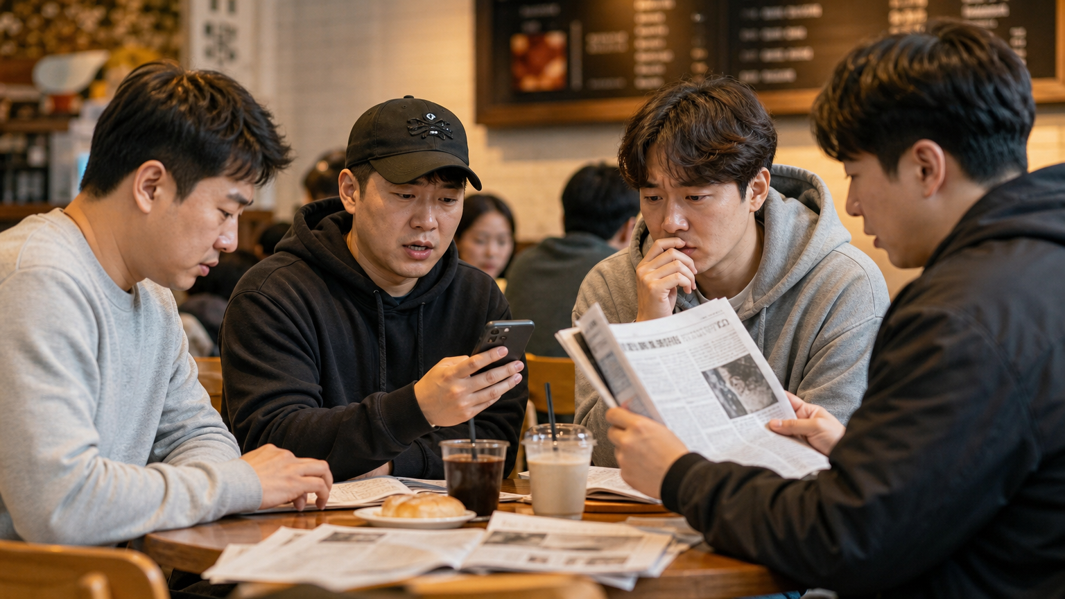 카페에서 스마트폰과 신문을 보며 뉴스에 대해 이야기하는 걱정스러운 팬들