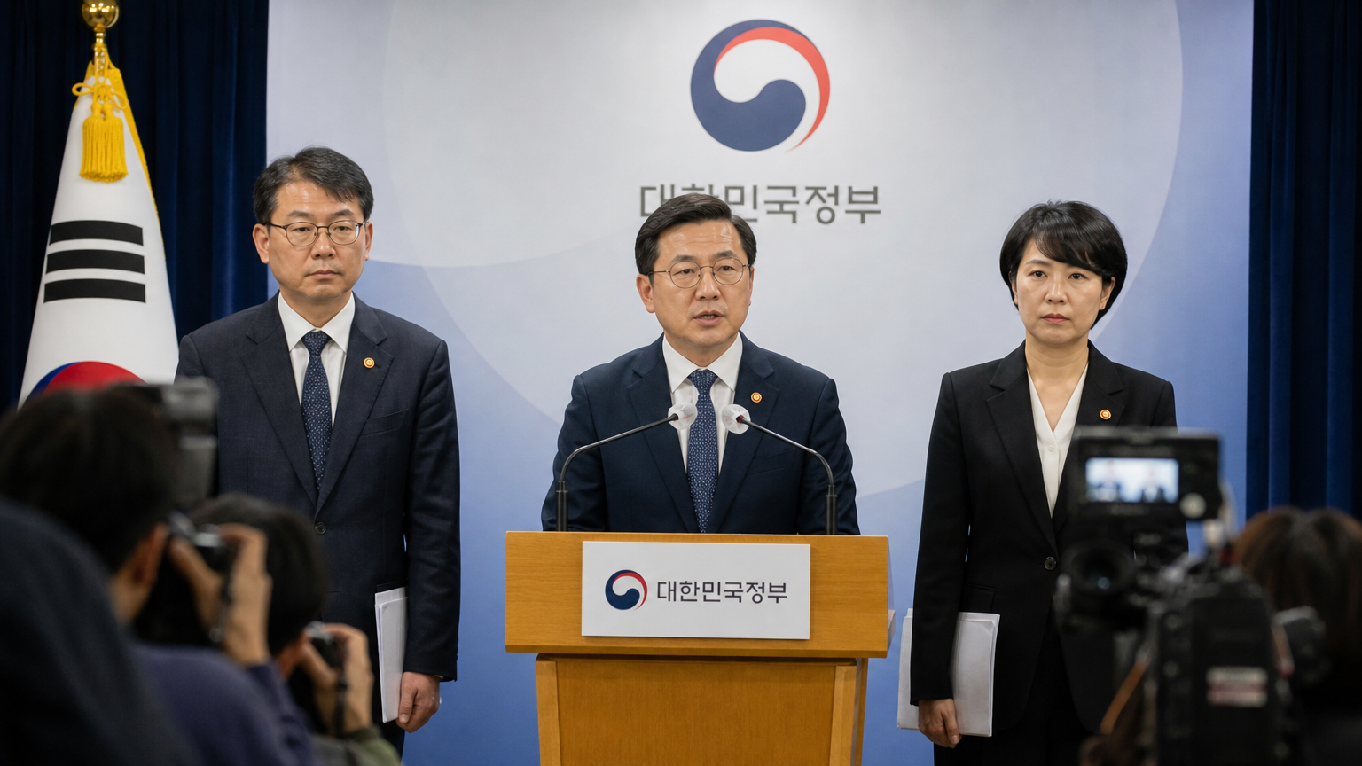 마이크와 카메라가 둘러싼 단상에서 발표하는 공식 기자회견 장면