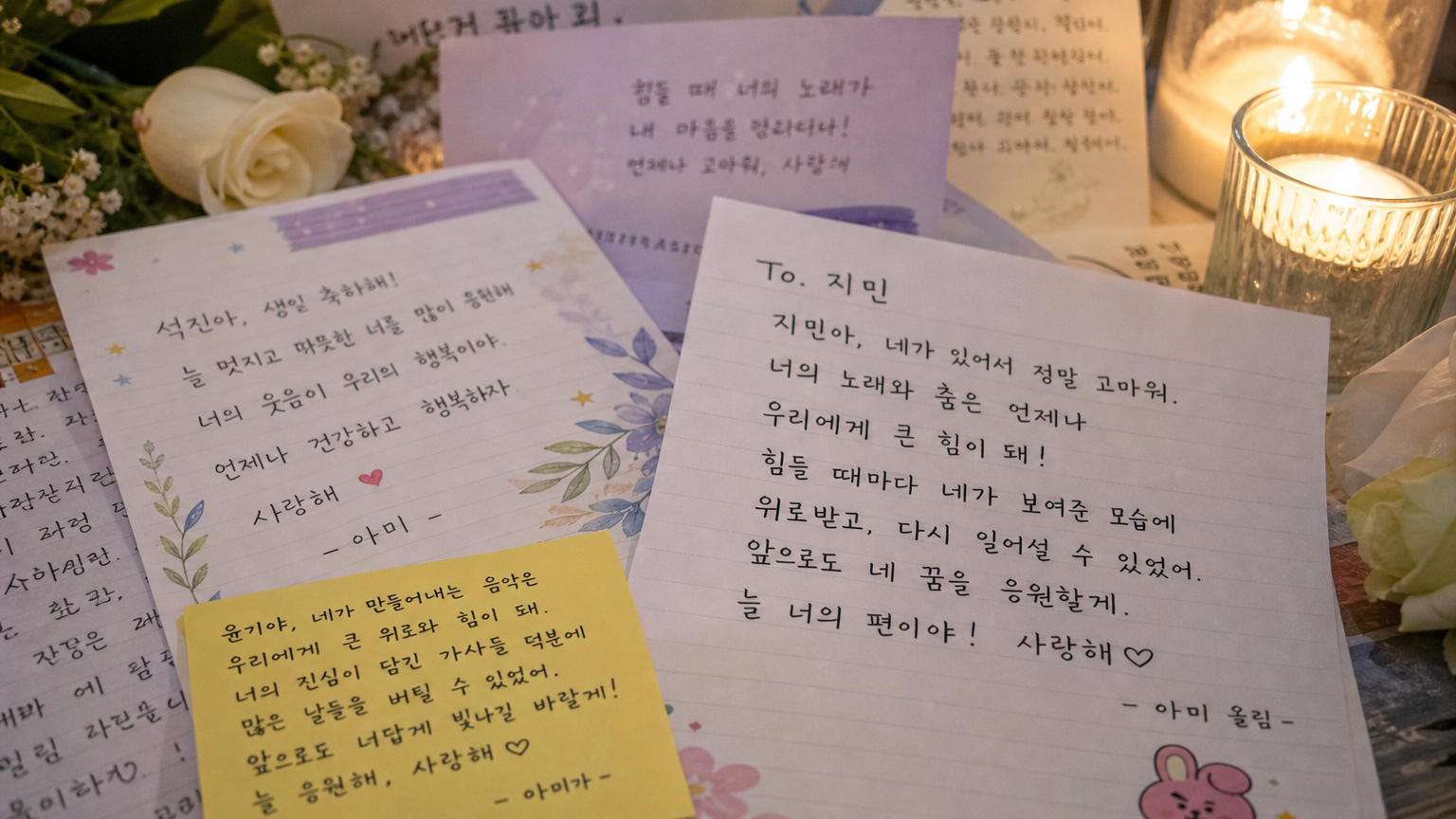 팬들이 보낸 손편지가 꽃과 촛불과 함께 테이블 위에 놓인 모습