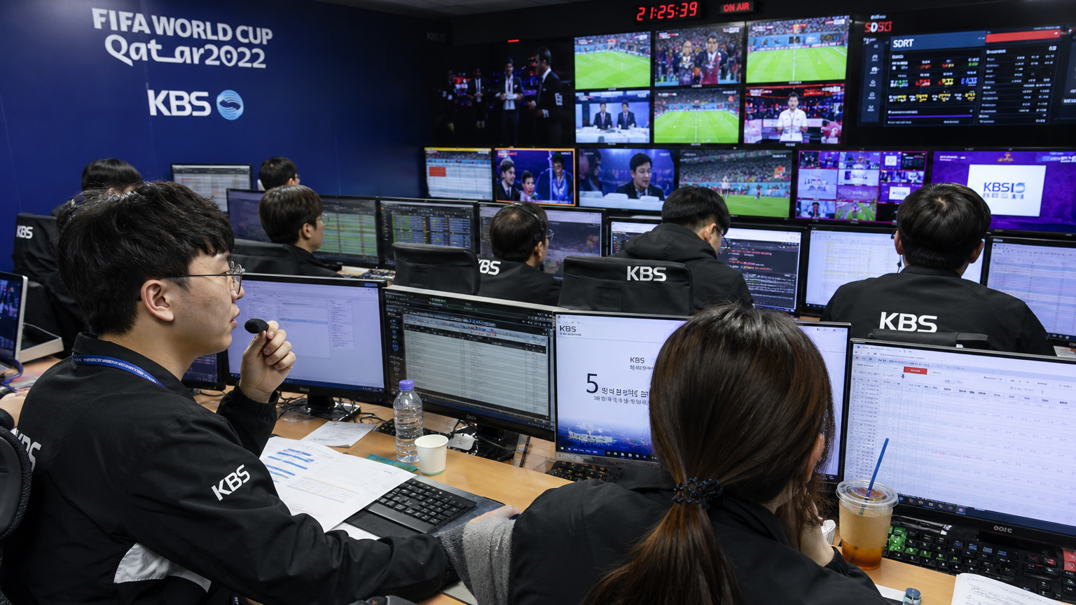 라이브 중계 시청률을 모니터링하는 바쁜 컨트롤 룸의 모습