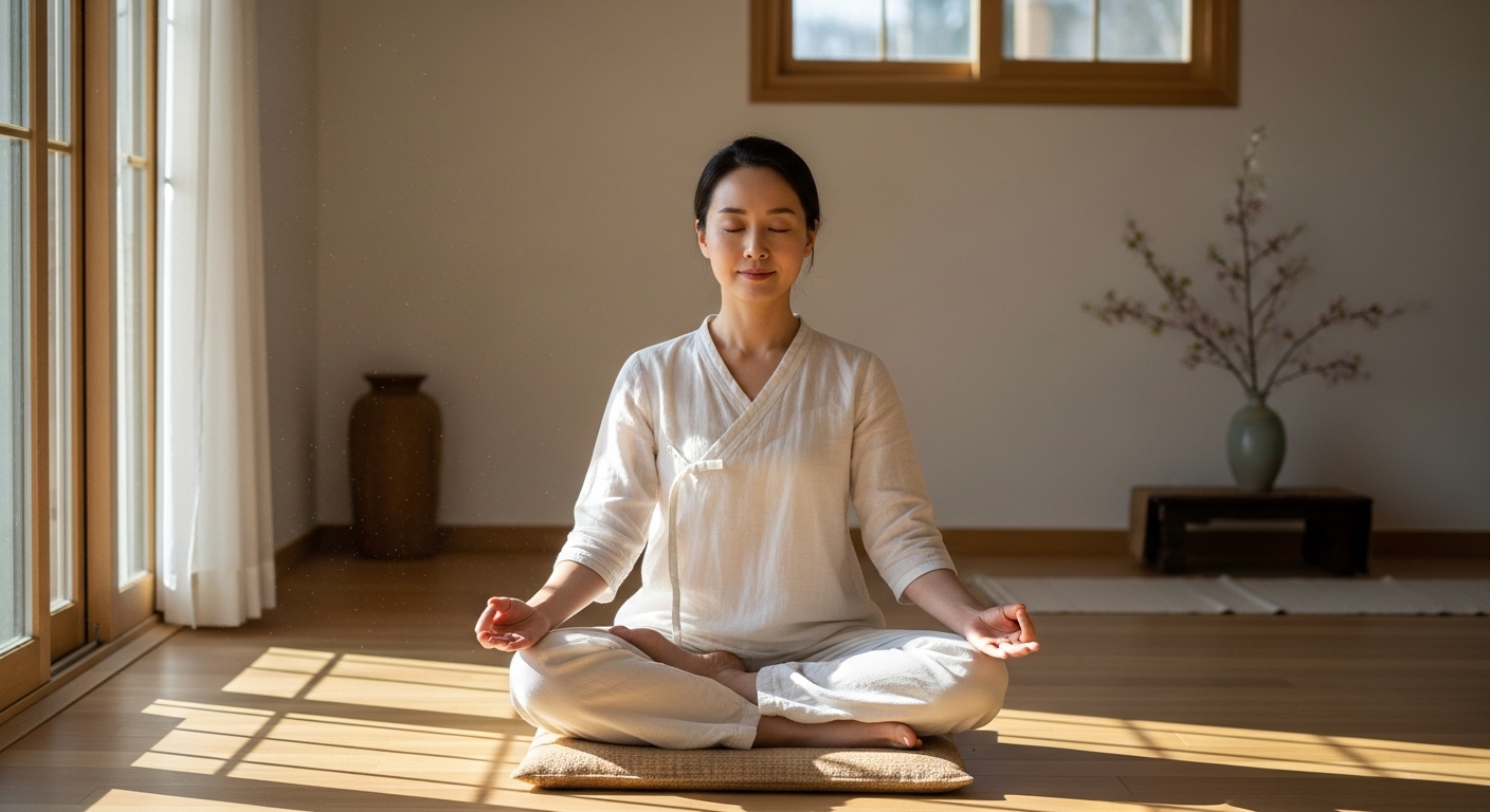 조용한 방에서 명상을 하며 평화로움을 느끼는 여성