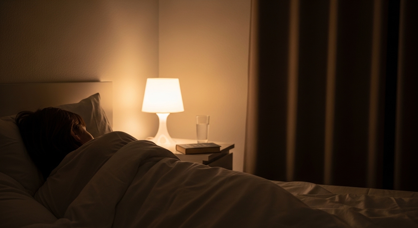 어두운 방에서 편안하게 잠들어 있는 사람의 모습