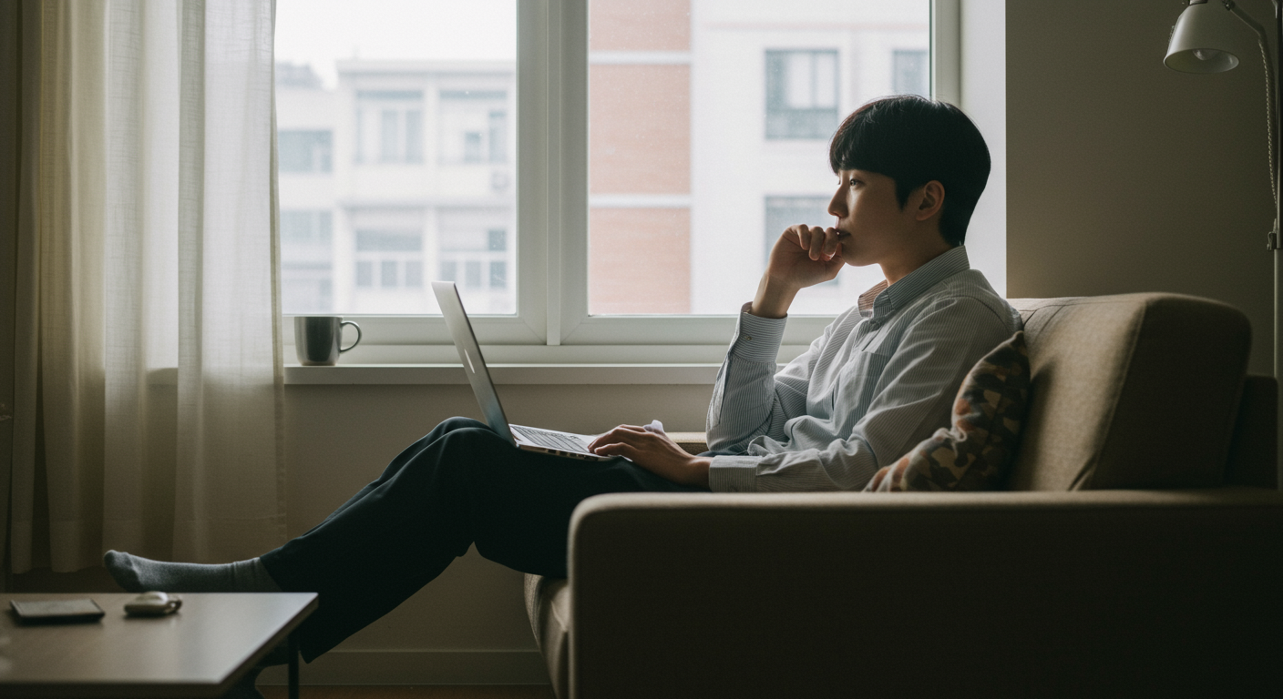 현대적인 도심 아파트에서 혼자 앉아 있는 사람의 고뇌하는 모습, 노트북과 커피잔이 옆에 있음