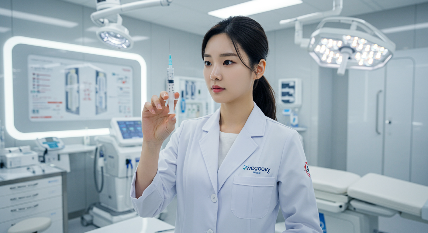 현대적인 한국 여성이 위고비 로고가 있는 주사기를 들고 미래지향적인 클리닉 환경에 서 있는 모습