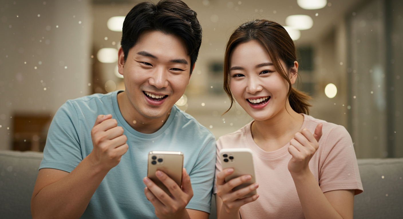두 명의 한국인이 스마트폰을 통해 소셜 미디어에서 위고비 사용 후 체중 감량 이야기를 공유하는 모습