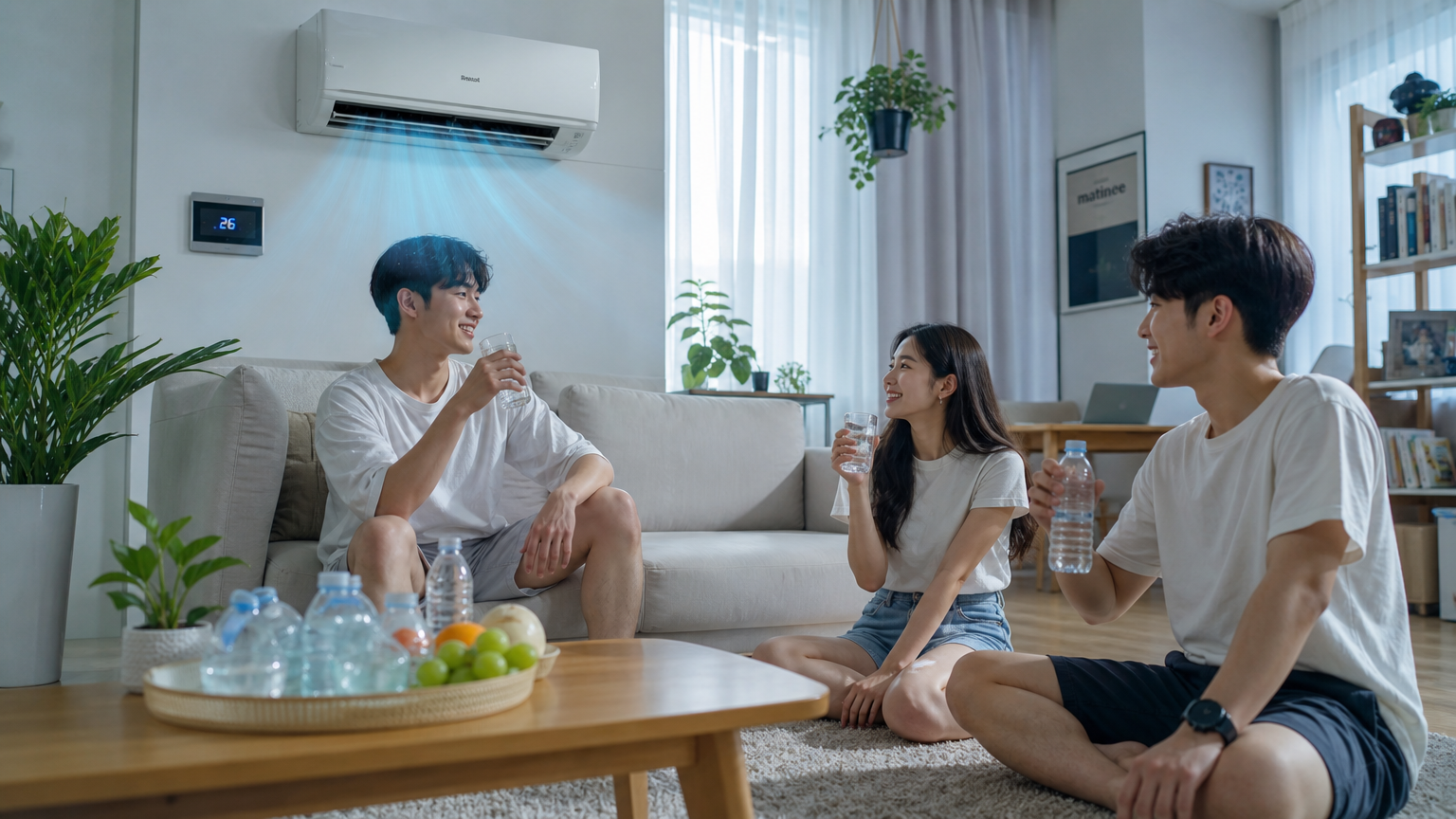 실내 에어컨 아래에서 시원하게 쉬며 수분을 섭취하는 젊은이들