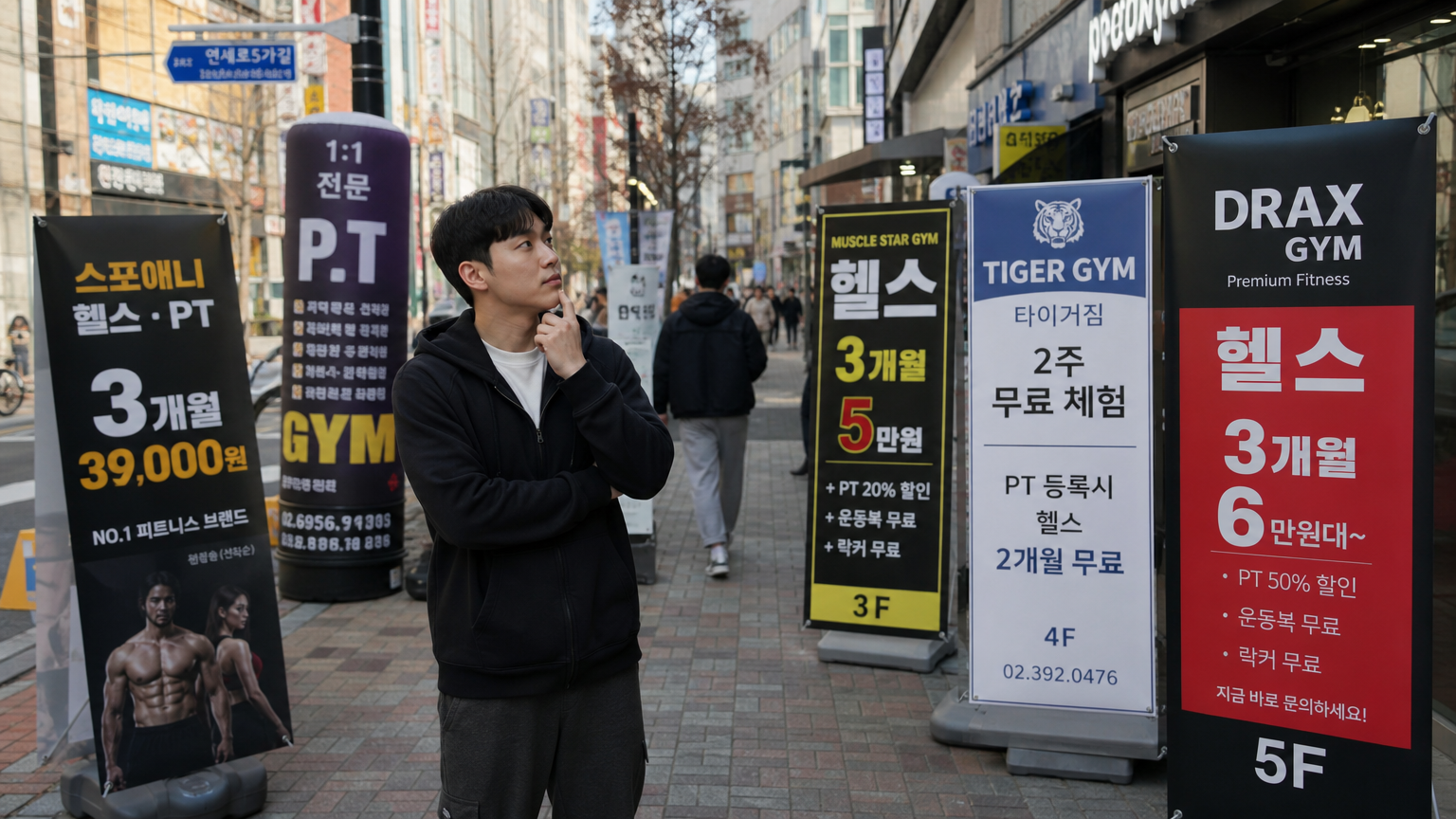 다양한 헬스장 옵션을 고민하는 남성이 바쁜 거리에서 광고판을 바라보는 모습