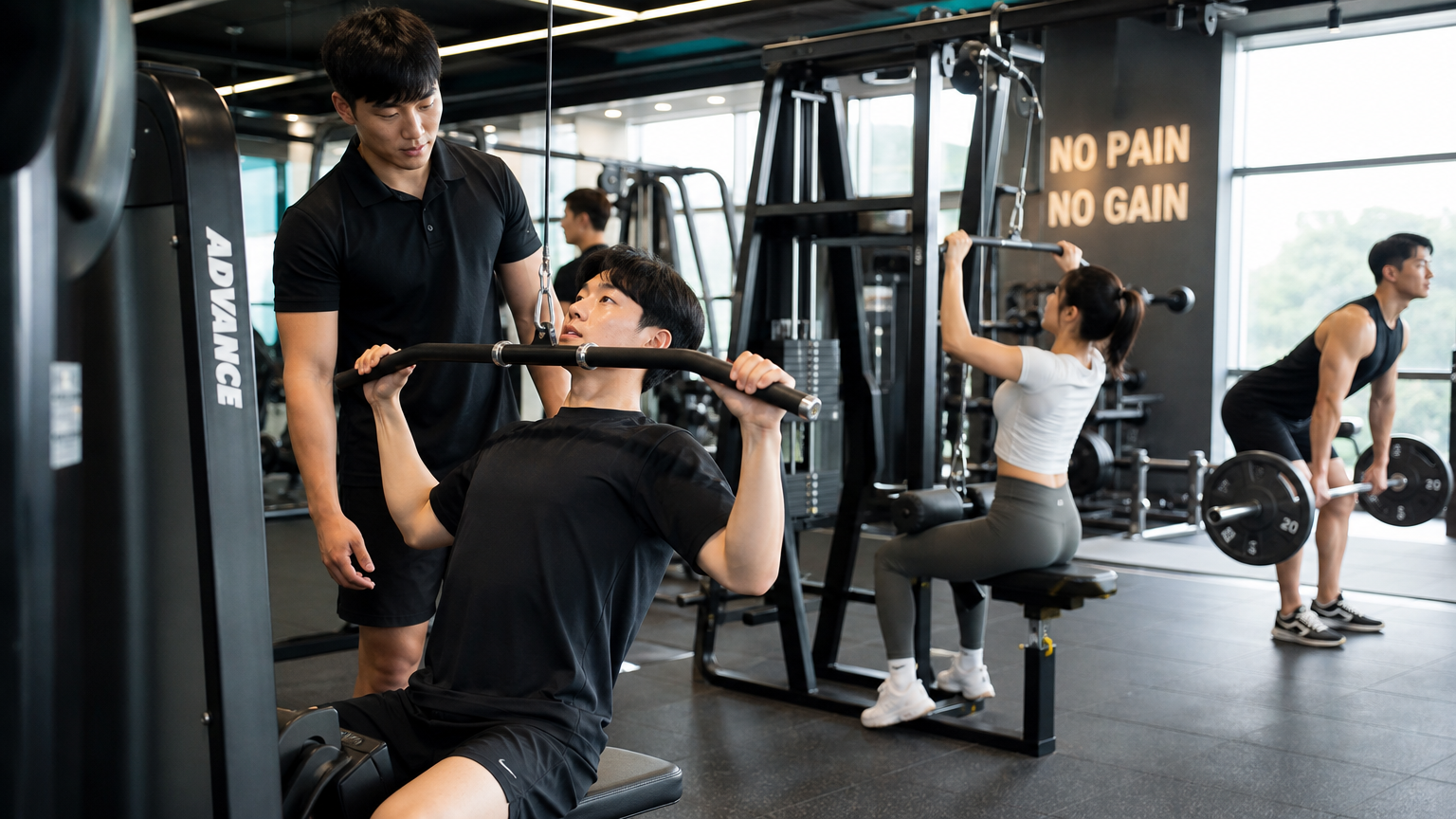 다양한 운동 기구가 있는 헬스장에서 운동 중인 사람들