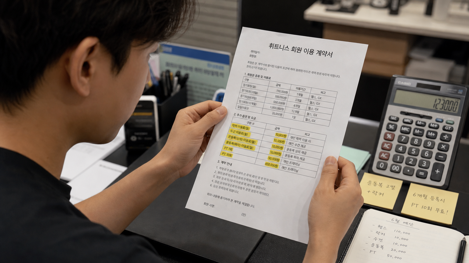 계약서와 계산기를 보며 세부 비용을 확인하는 사람