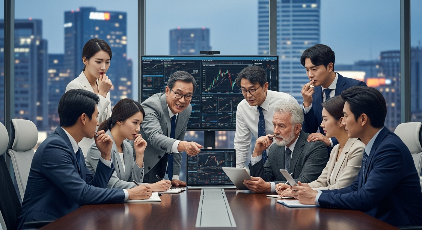 현대적인 회의실에서 시장 동향을 논의하는 다양한 감정의 한국 투자자들