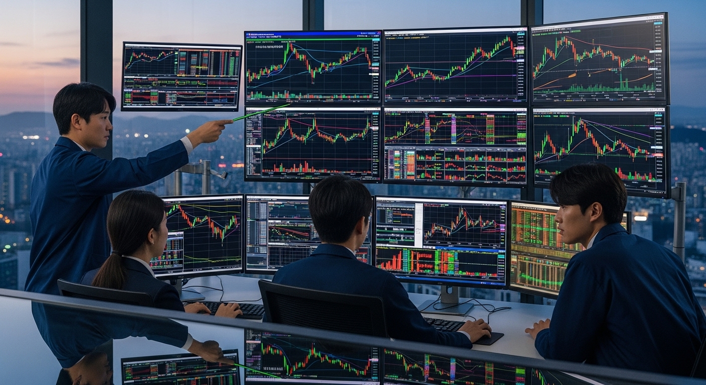 첨단 거래실에서 집중하고 있는 한국 트레이더들과 스크린에 나타난 상세한 기술 분석 차트