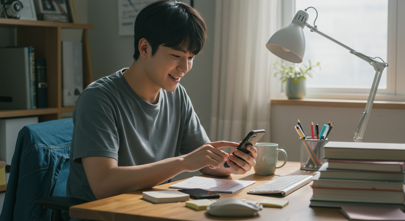 집에서 스마트폰으로 온라인 등록을 완료하는 젊은 남성의 일상적인 모습