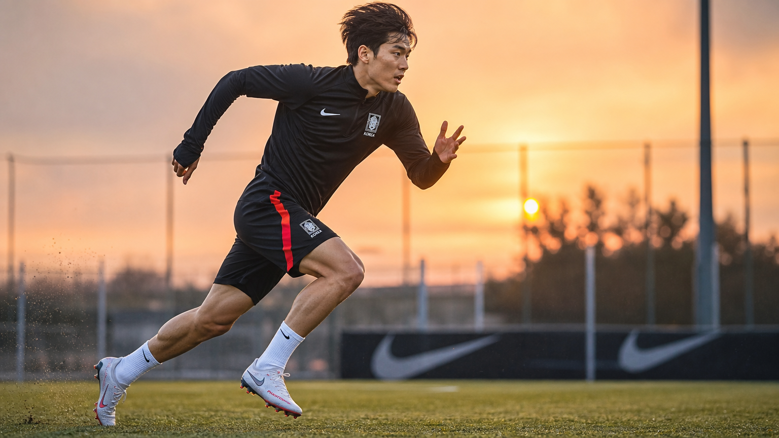 해질녘 연습 중에 필드를 가로지르는 한국 축구 선수