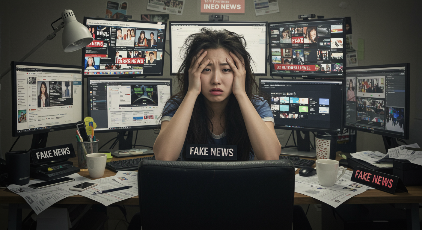 여러 화면에 뉴스를 확인하며 혼란스러워하는 젊은 사람의 모습