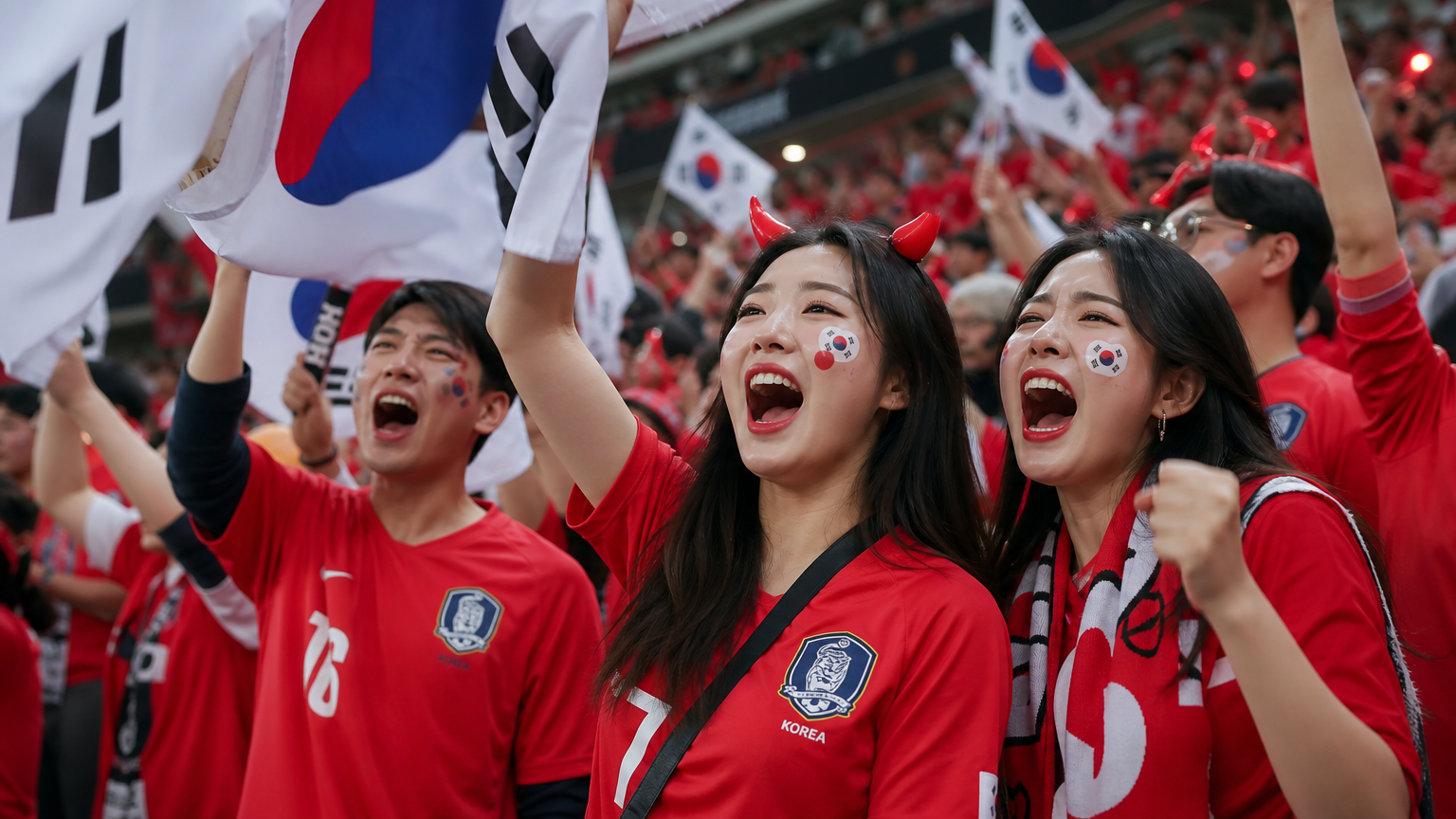 경기장에서 한국 국기를 흔들며 열광하는 축구 팬들