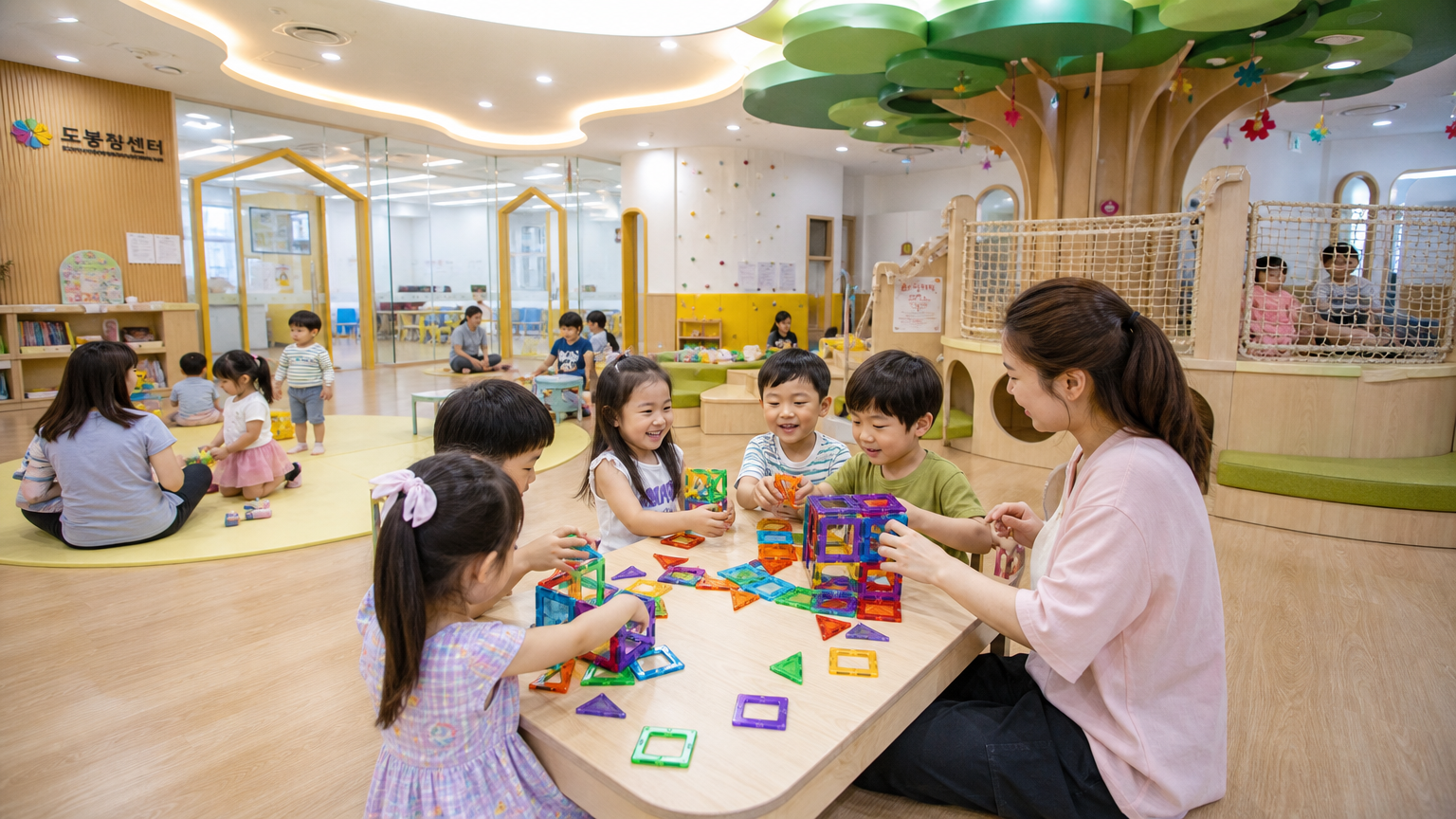 현대적인 한국 아동 센터에서 아이들이 함께 놀고 배우는 활기찬 장면