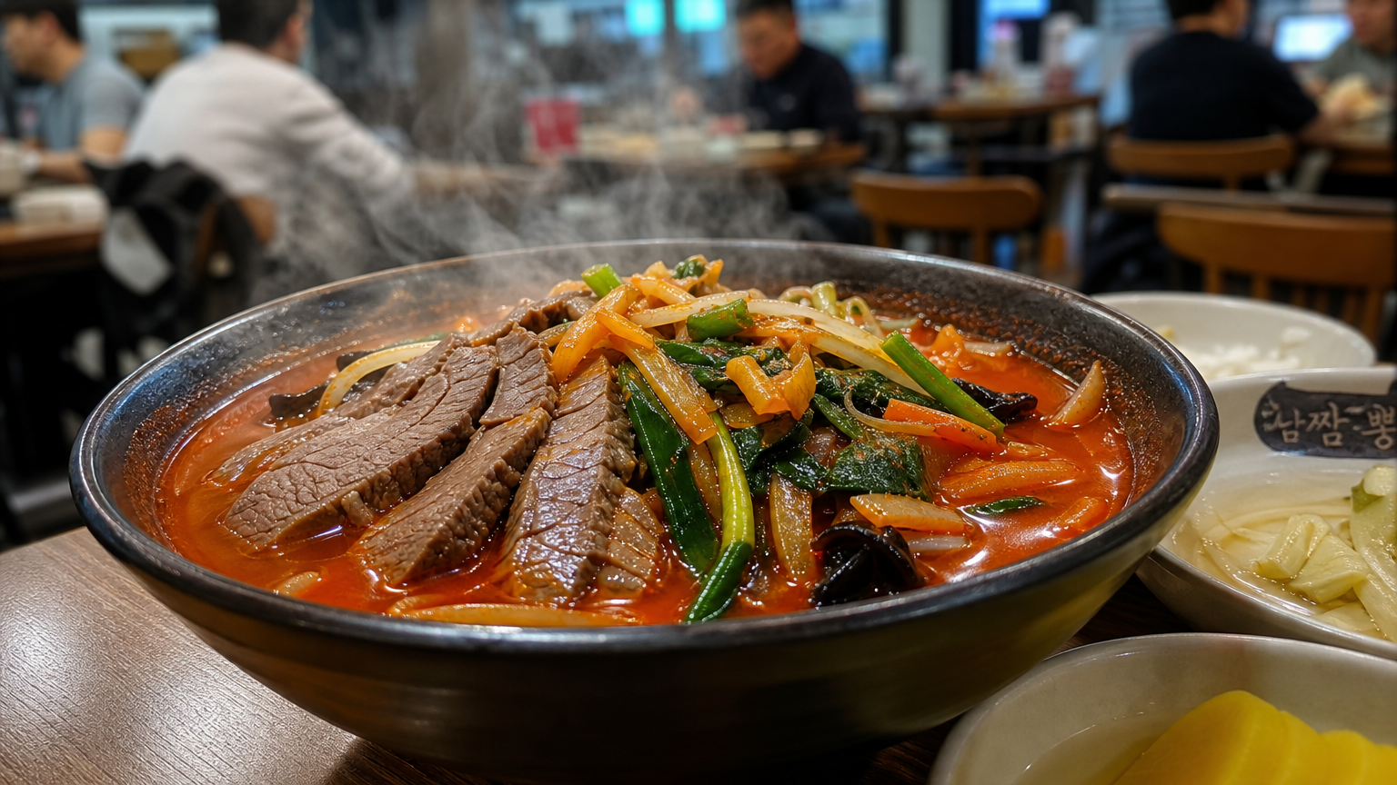한국 식당에서 따뜻한 차돌짬뽕 한 그릇이 김이 모락모락 나는 장면