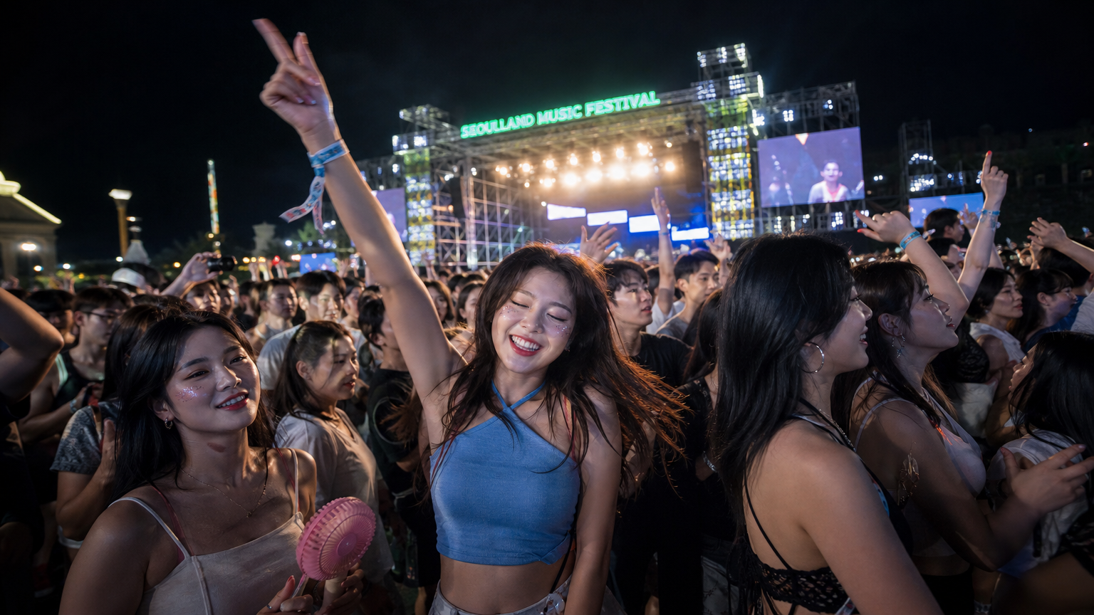 과천 서울랜드에서 야외 음악 축제를 즐기는 젊은 관객들