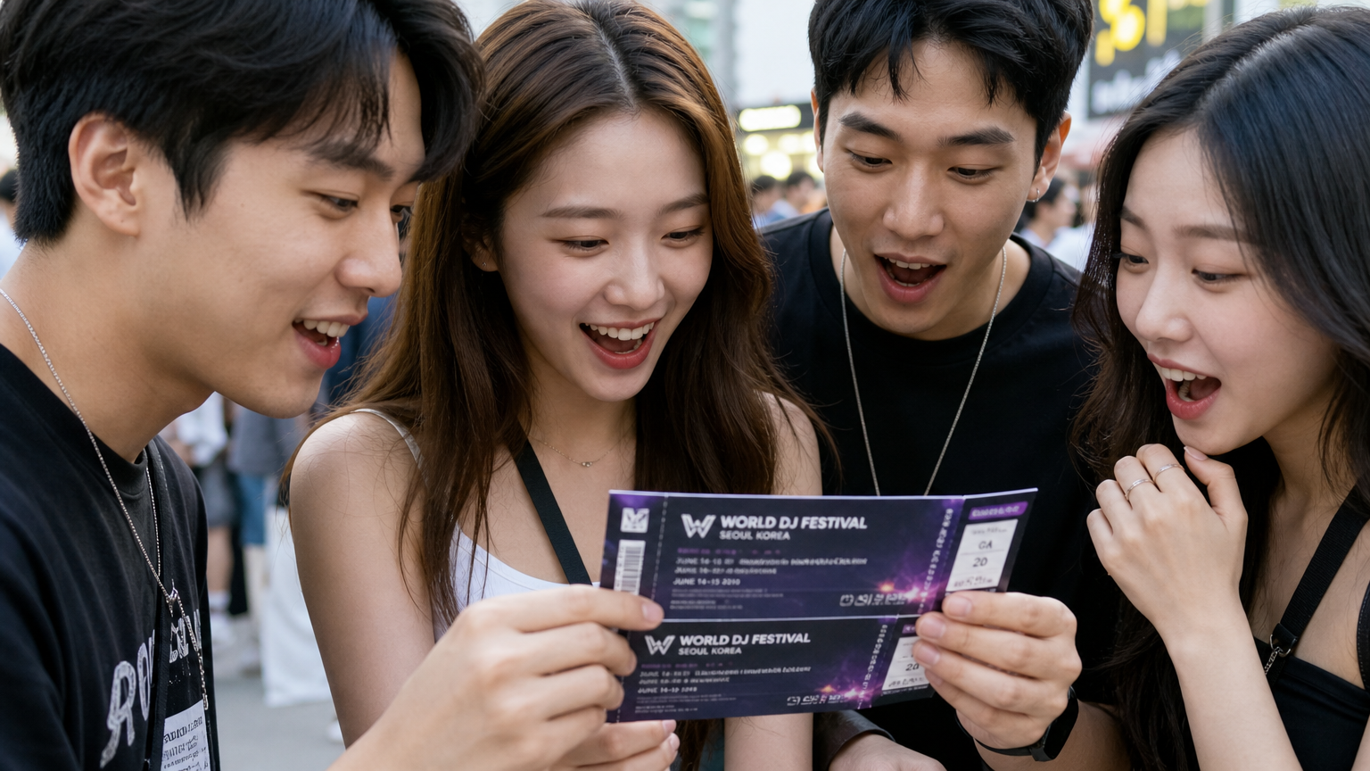 월드 디제이 페스티벌 티켓을 들고 있는 친구들의 손과 기대에 찬 표정