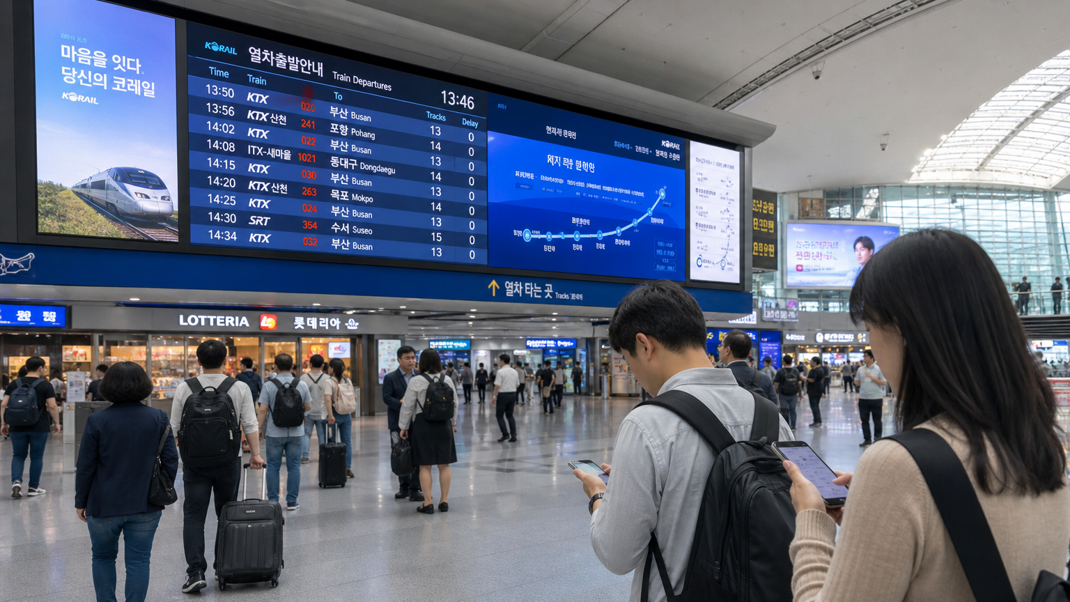현대적인 서울역 내부와 첨단 디지털 스크린을 활용하는 승객들의 모습