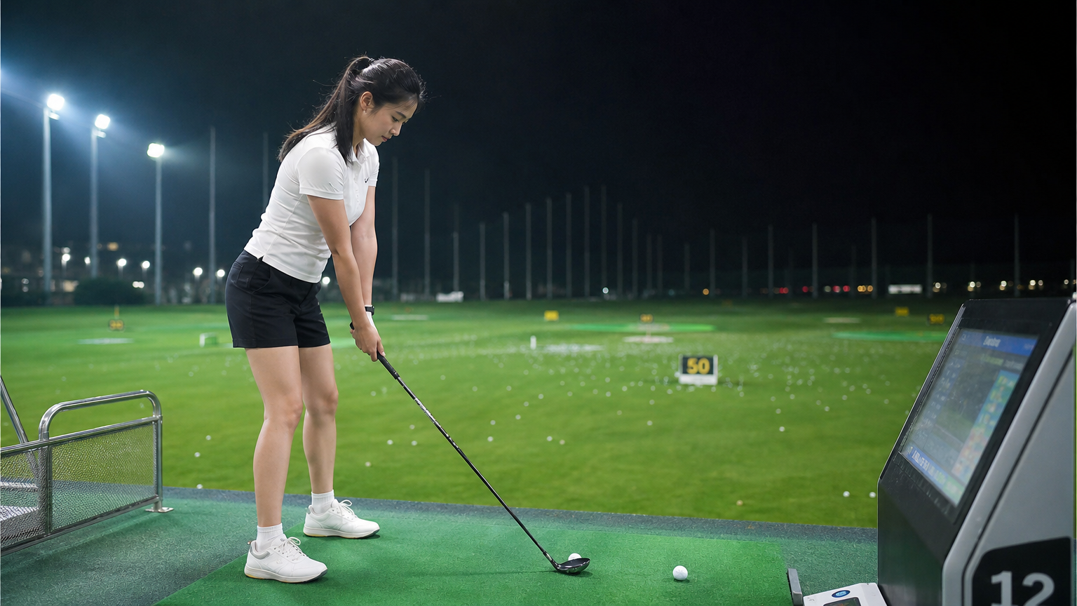 젊은 한국 여성이 밝은 조명 아래 연습장에서 골프 연습에 몰두하는 장면