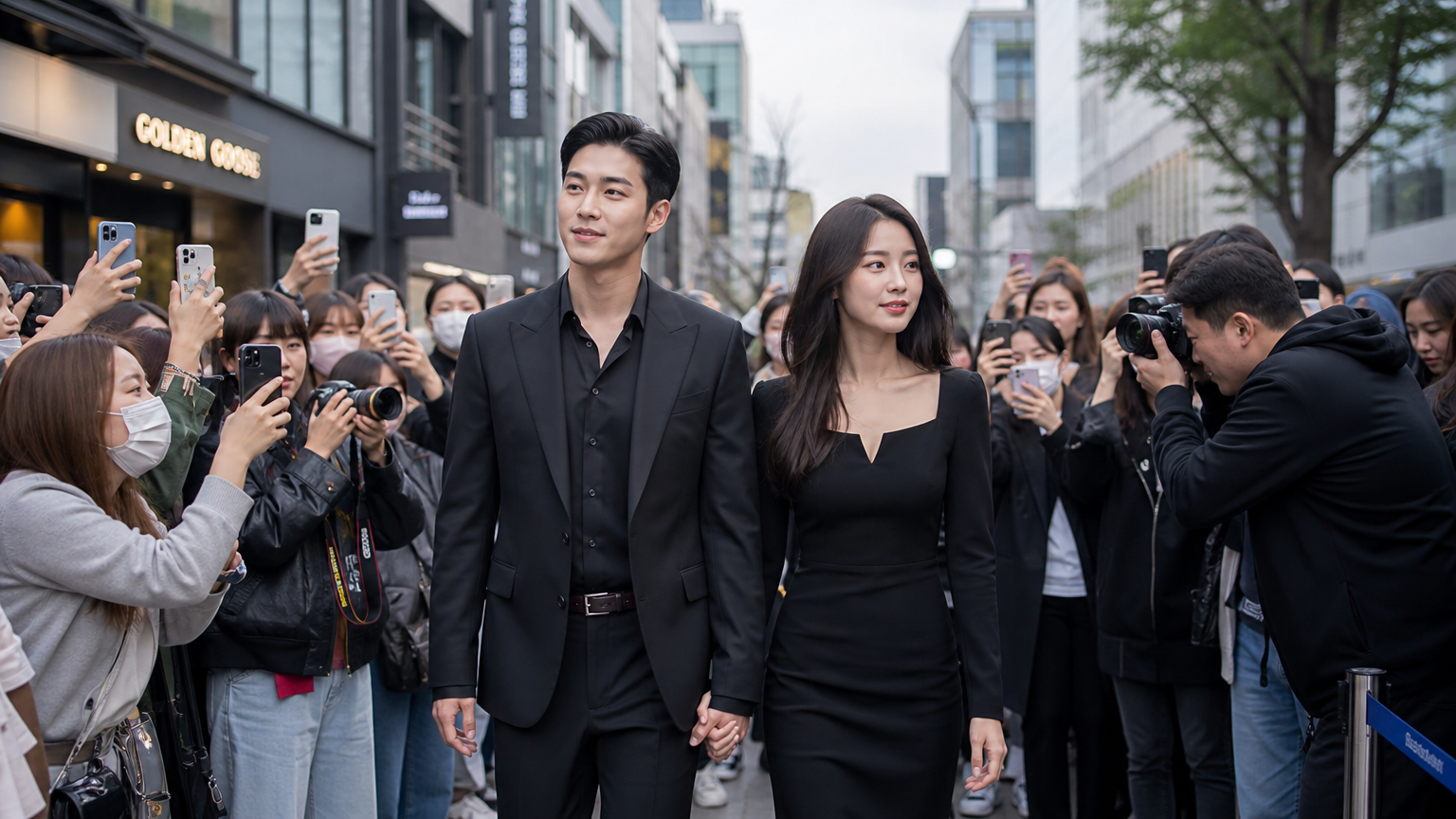 세련된 스타일로 서울 거리에서 팬들과 함께 걷고 있는 모습