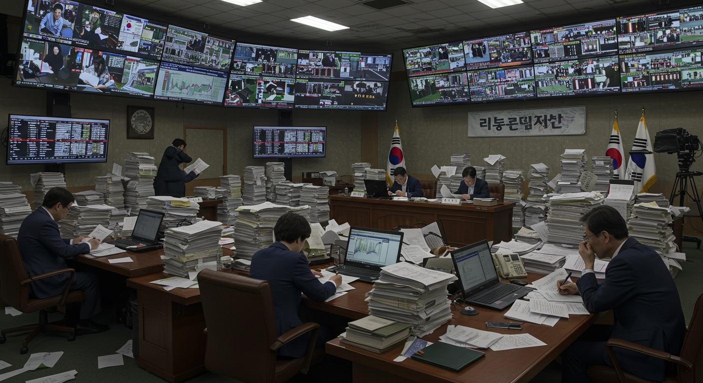 긴장감 있는 분위기 속에서 갈등을 상징하는 현대 한국 정치의 모습, 서류와 뉴스 화면이 가득한 방
