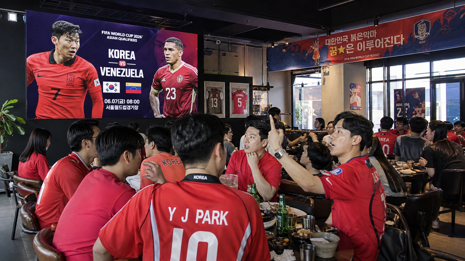 현대적인 스포츠 카페에서 대형 스크린으로 한국과 베네수엘라 경기 프리뷰를 보는 팬들의 모습