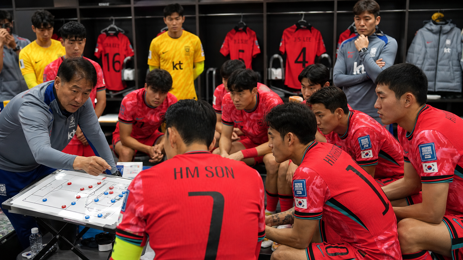 경기 전에 작전 회의를 하는 한국 국가대표팀의 감동적인 순간