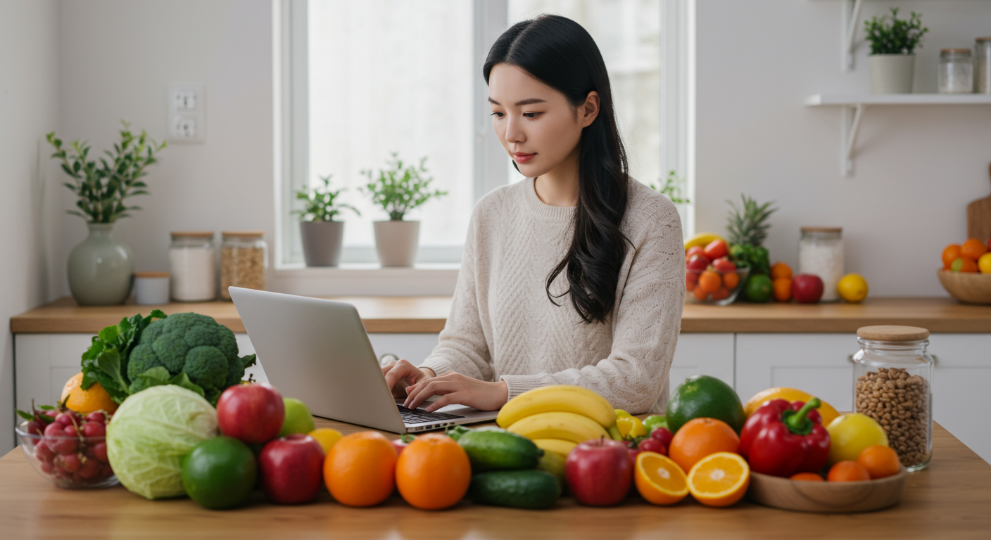 현대식 한국 여성이 노트북으로 건강한 식단을 조사하는 모습