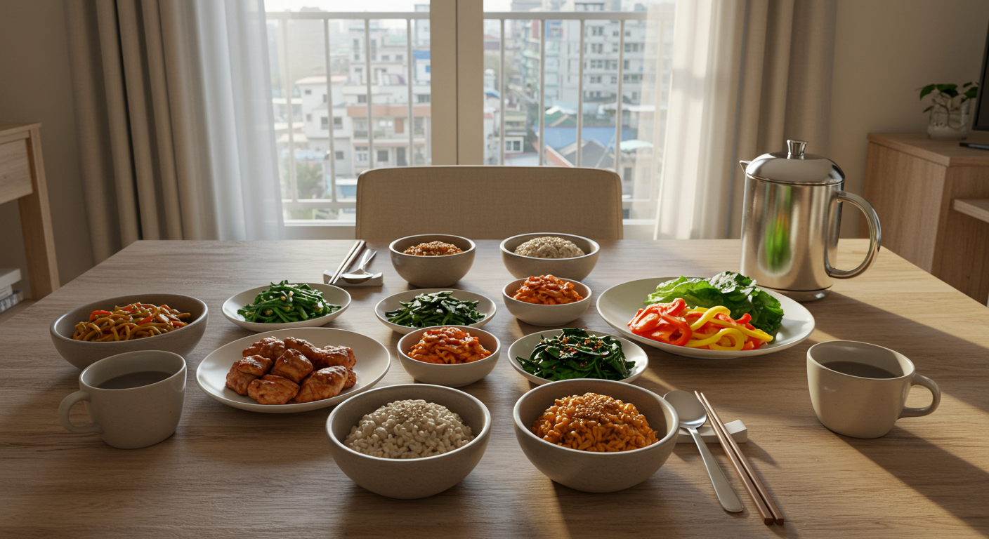 한국 아파트에서 균형 잡힌 식사로 통곡물과 단백질, 채소가 담긴 식탁