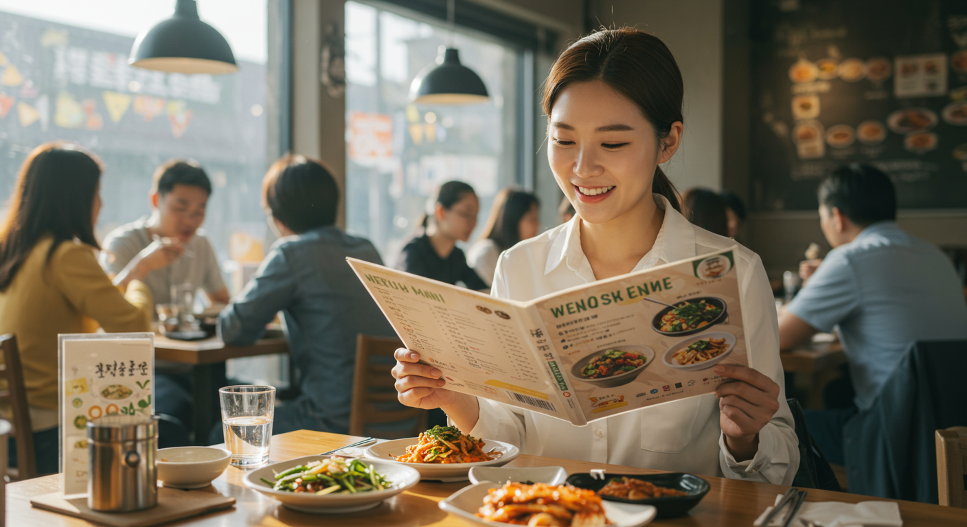 한 레스토랑에서 메뉴를 보며 건강한 옵션을 선택하는 한국인의 모습