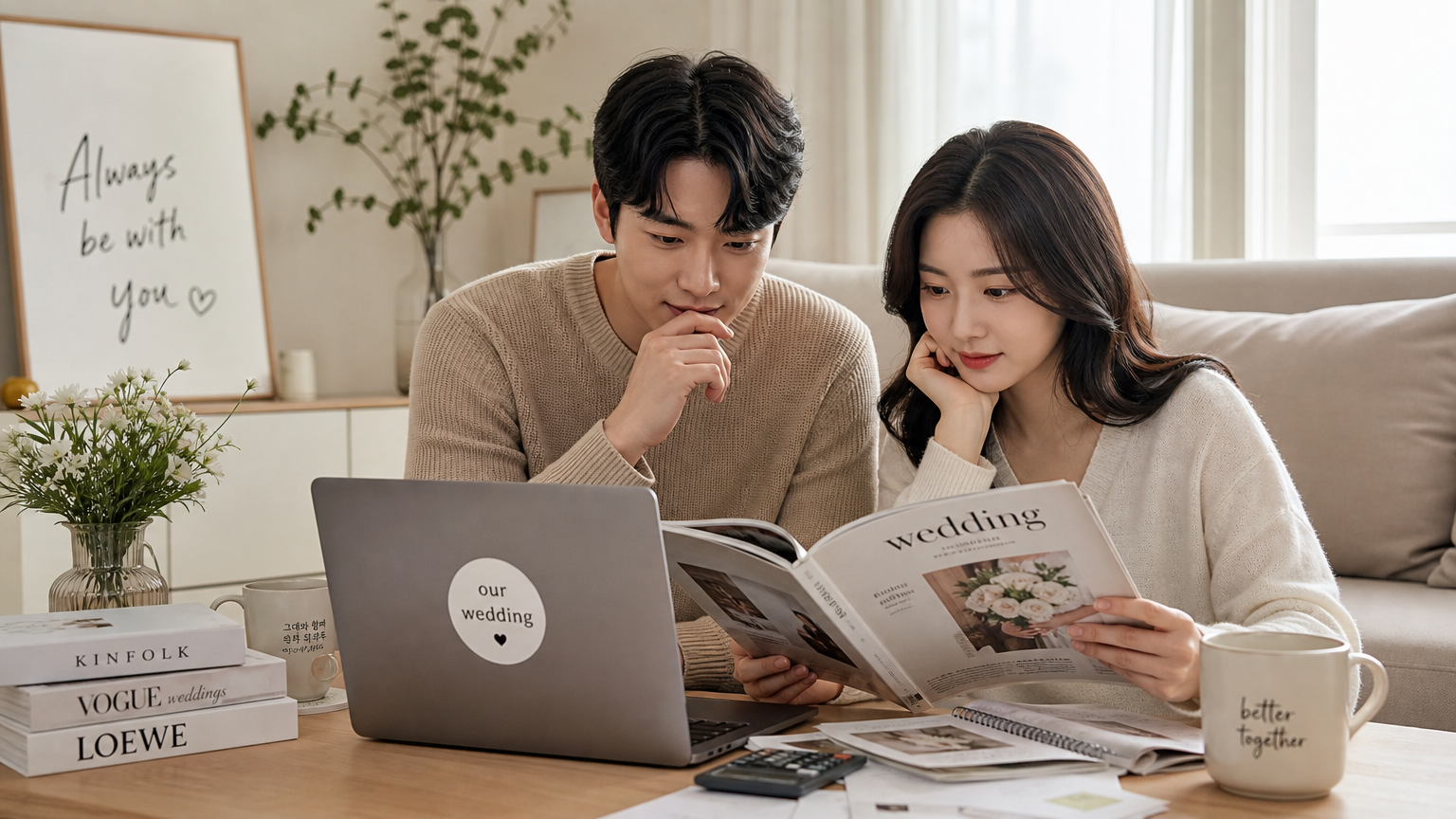 신혼부부가 집에서 노트북과 잡지를 보며 결혼 예산을 계획하는 모습