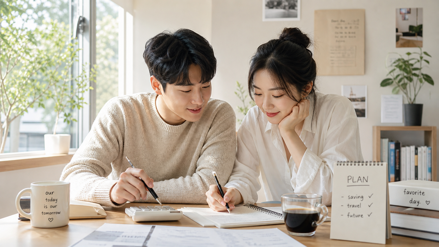 젊은 부부가 계산기와 메모를 보며 예산을 논의하는 장면