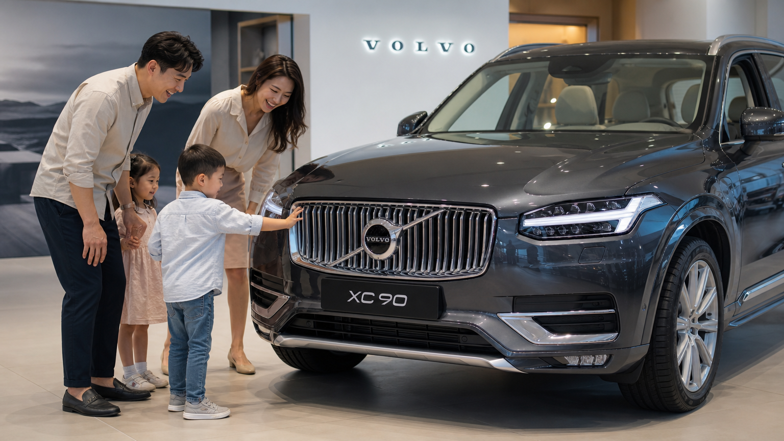 현대적인 한국 가족이 전시장에 있는 세련된 볼보 XC90을 살펴보는 모습