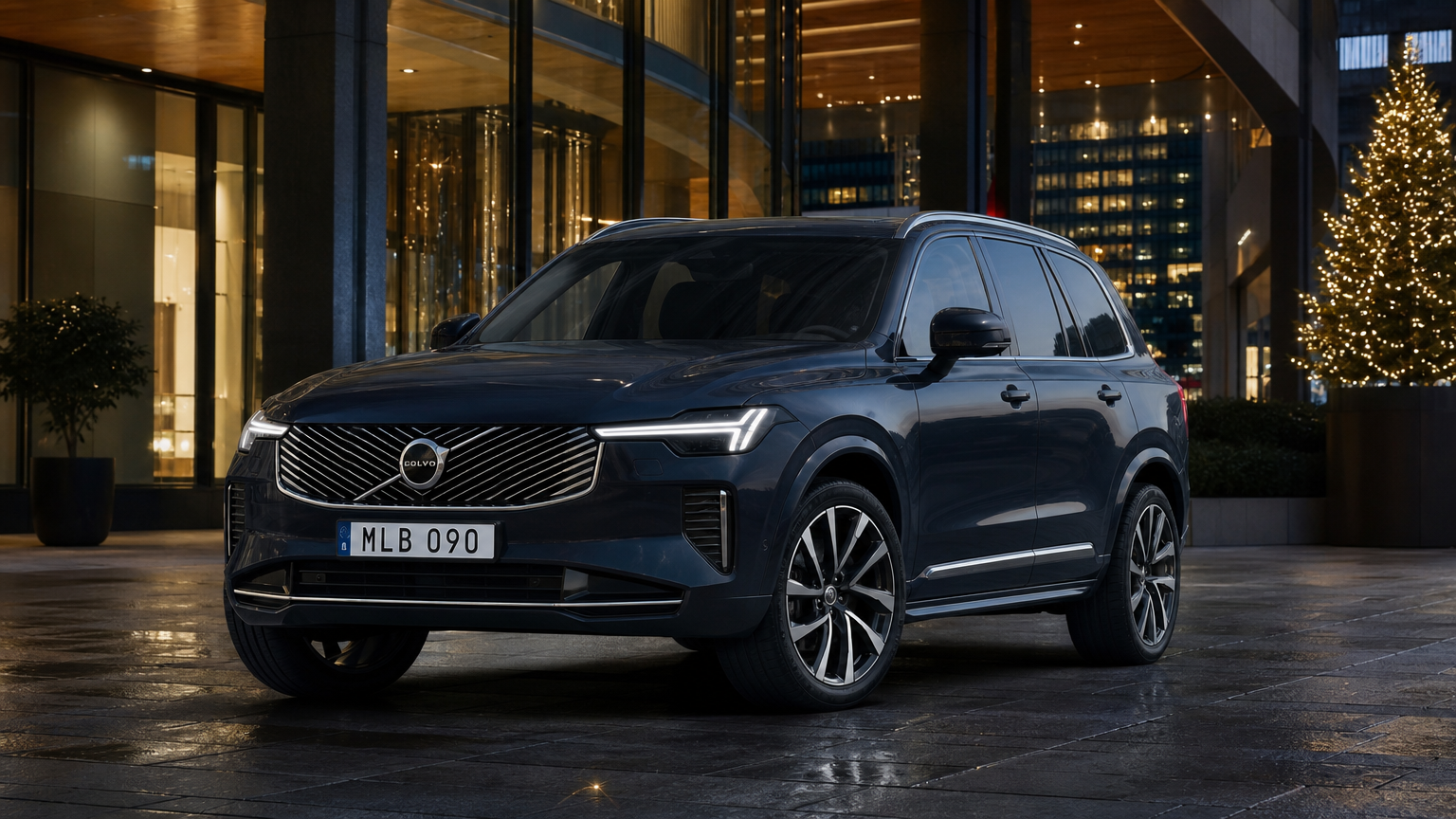 도시 배경에서 새로운 그릴과 헤드라이트 디자인이 돋보이는 세련된 볼보 XC90
