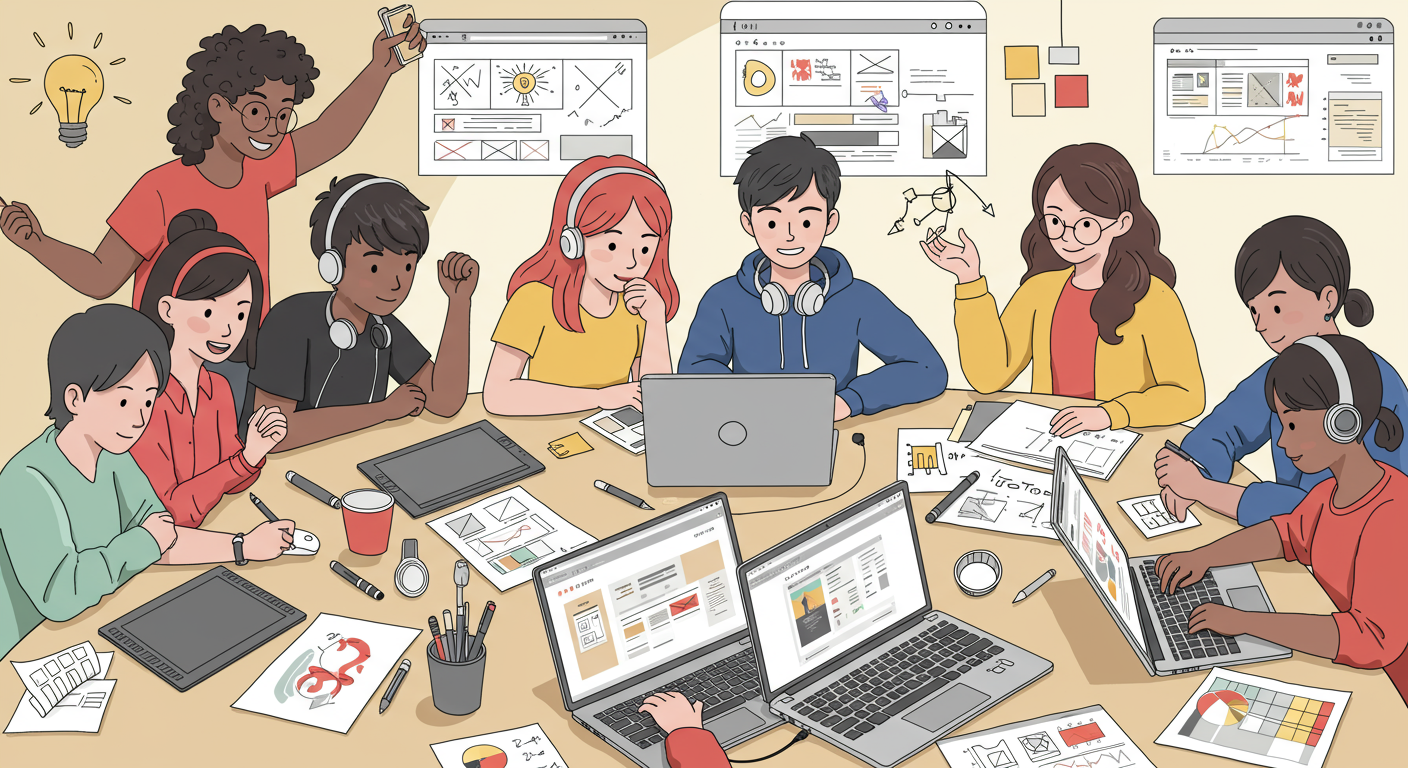 다양한 현대 한국 사람들이 노트북을 사용하여 창의적인 작업 공간에서 함께 웹사이트 디자인 아이디어를 논의하는 모습