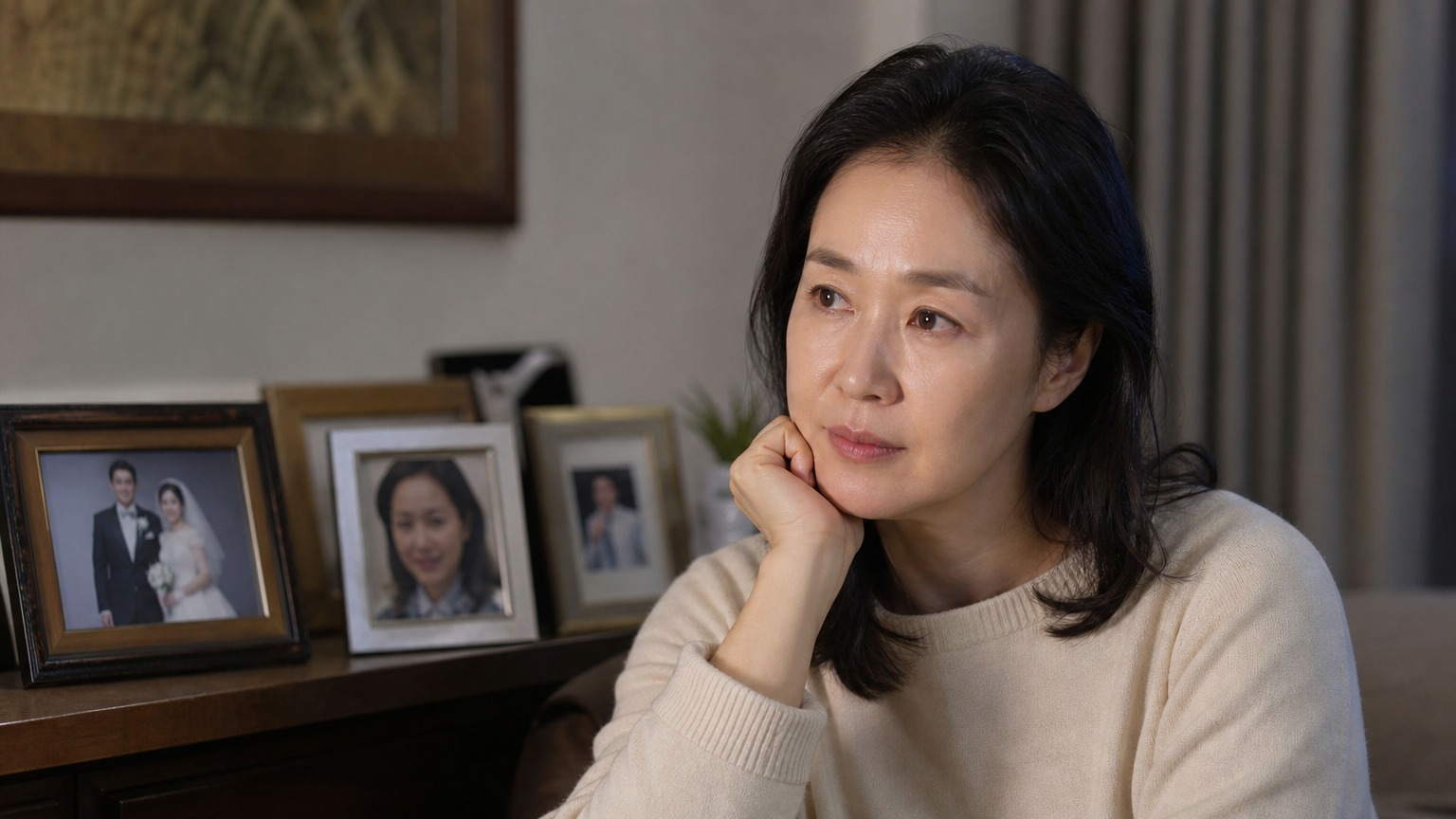 과거를 회상하며 집 안에서 가족 사진에 둘러싸인 여성의 모습