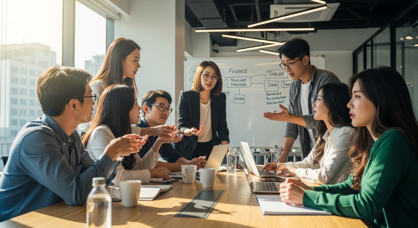 현대적인 사무실에서 연금에 대해 토론하는 젊은 직장인들