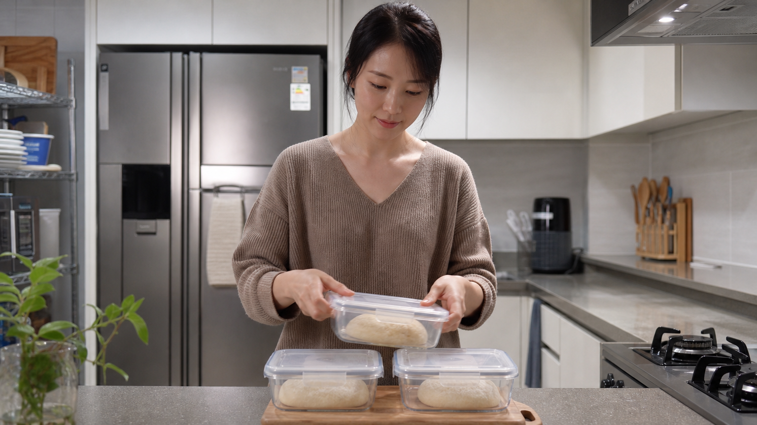 밀폐 용기에 수제 피자 도우를 보관하는 모습
