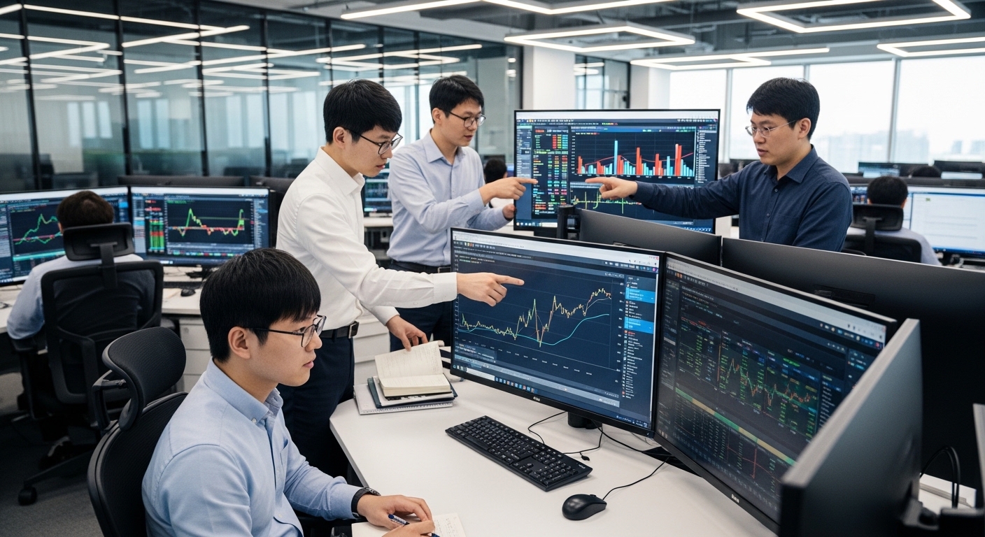 현대적인 사무실에서 삼성SDI 주가를 분석하는 애널리스트들, 대형 스크린에 그래프와 차트가 보이는 역동적인 장면