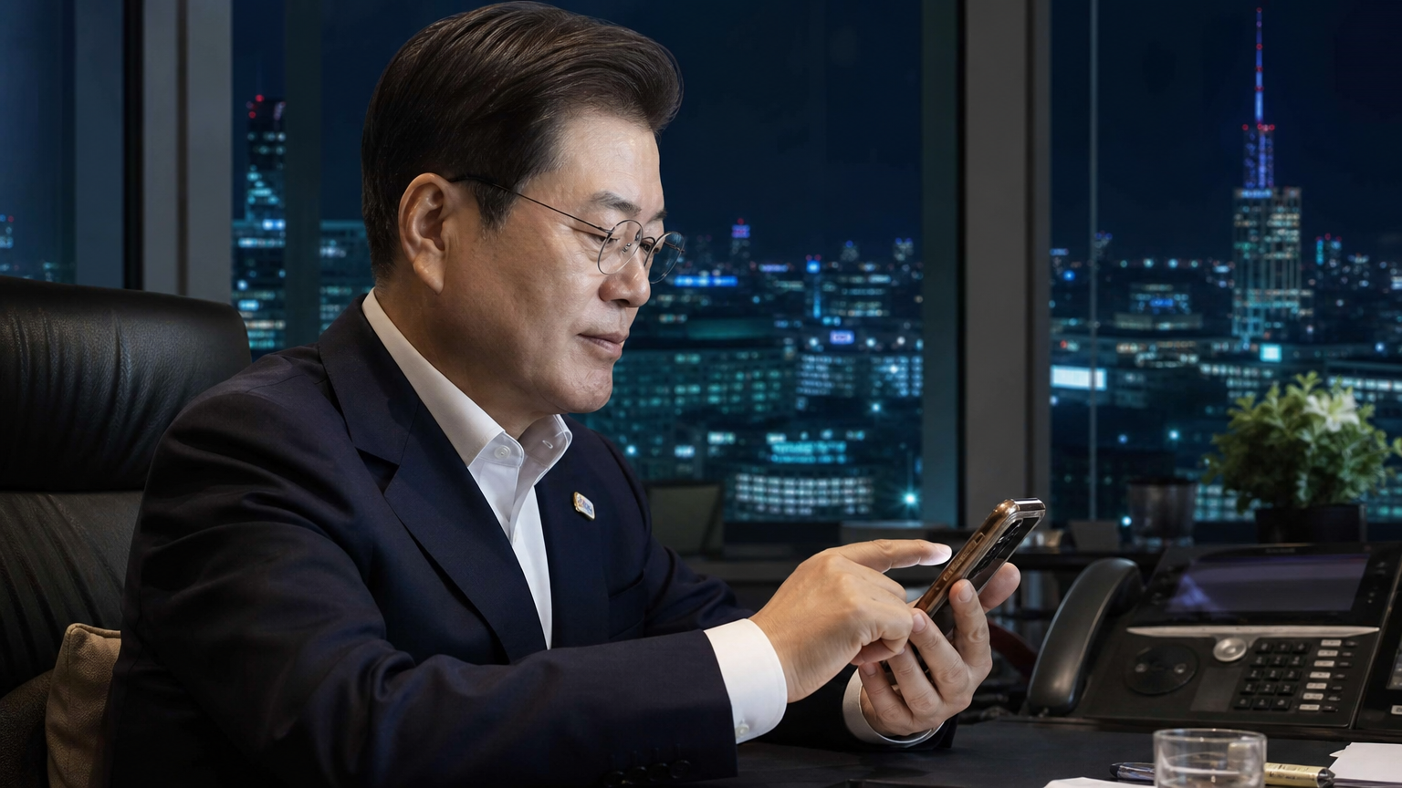 스마트폰으로 인스타그램과 페이스북을 관리하는 정치인의 모습