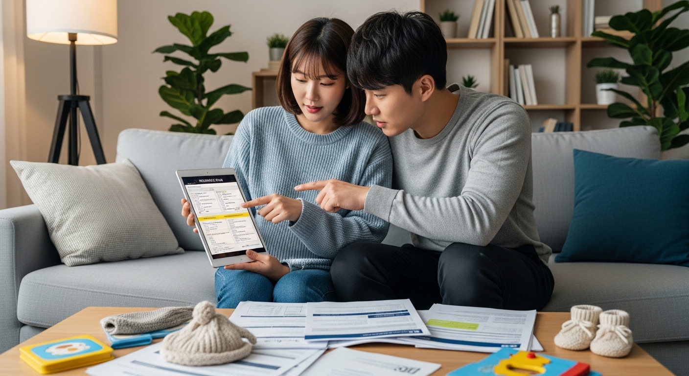 현대적인 한국 커플이 거실에서 태아보험에 대해 이야기하며 준비하는 모습