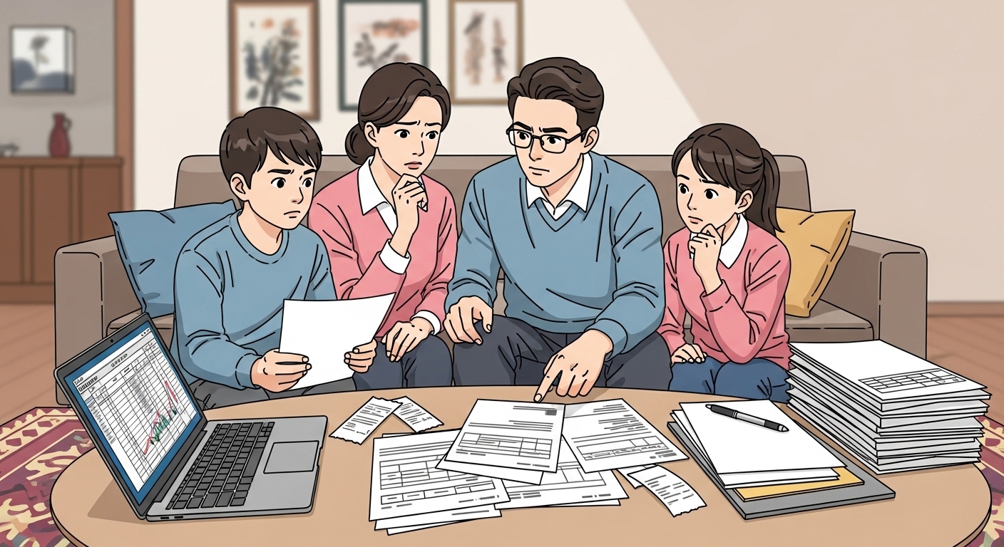 거실에서 세금 관련 문서를 놓고 고민하는 가족