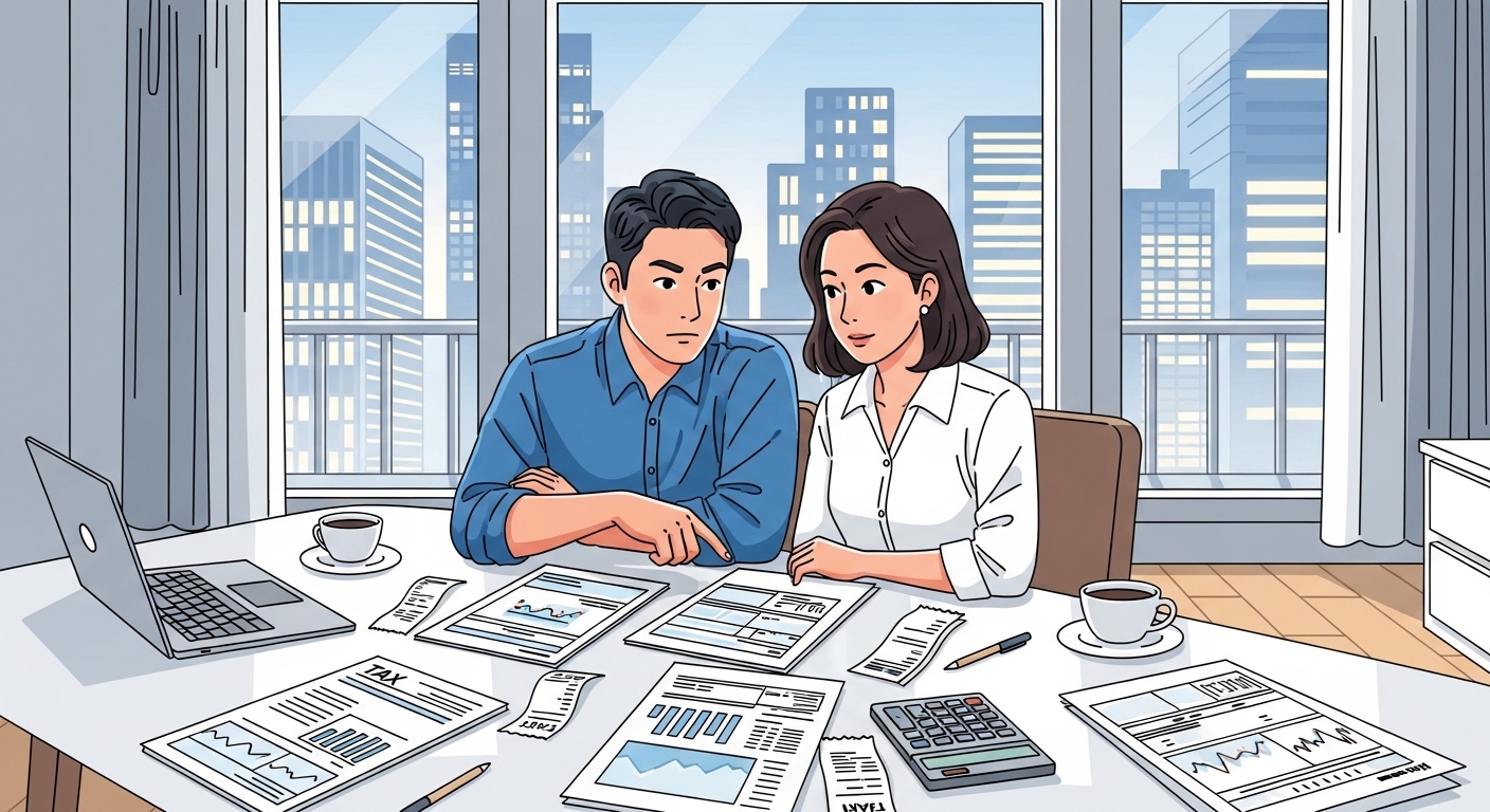 현대적 아파트에서 창밖을 보며 세금 서류를 검토하는 부부