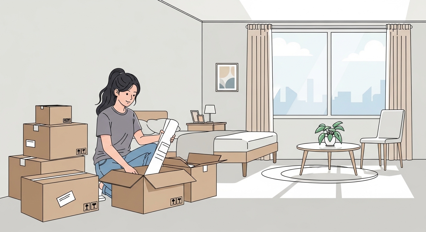 새로운 원룸으로 이사 온 젊은 성인이 짐을 정리하는 모습